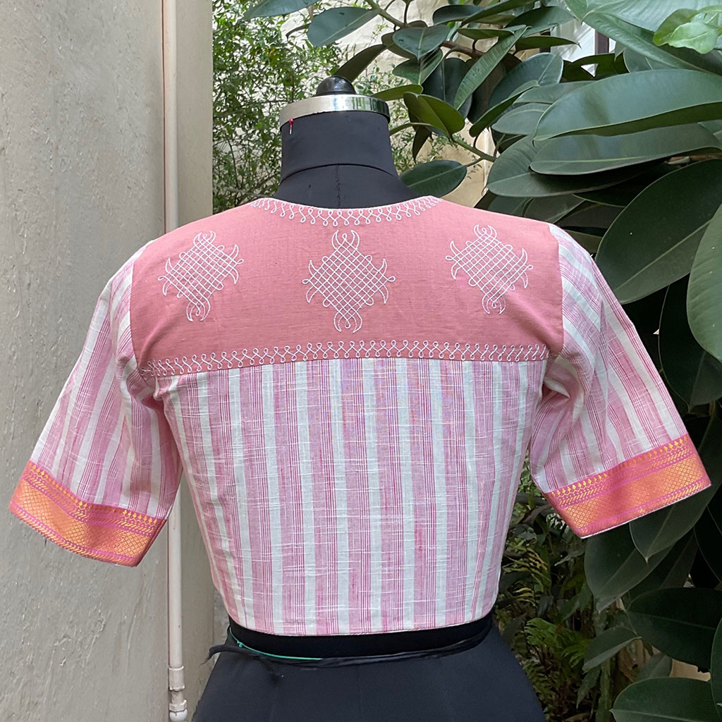 Pink And White Stripped Kolam Blouse - Image 2