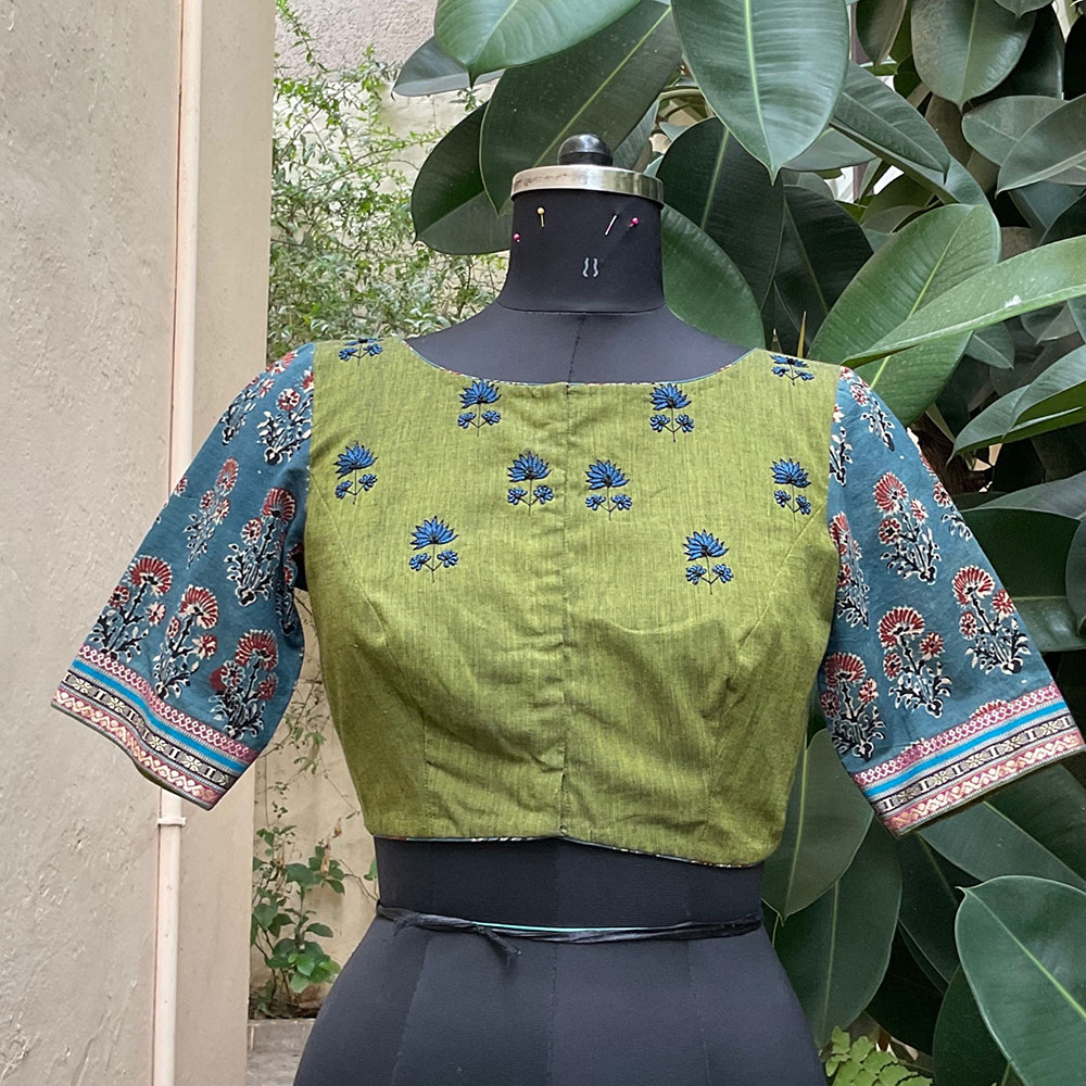 Green Mangalgiri and Indigo Ajrakh Blouse . - Image 2