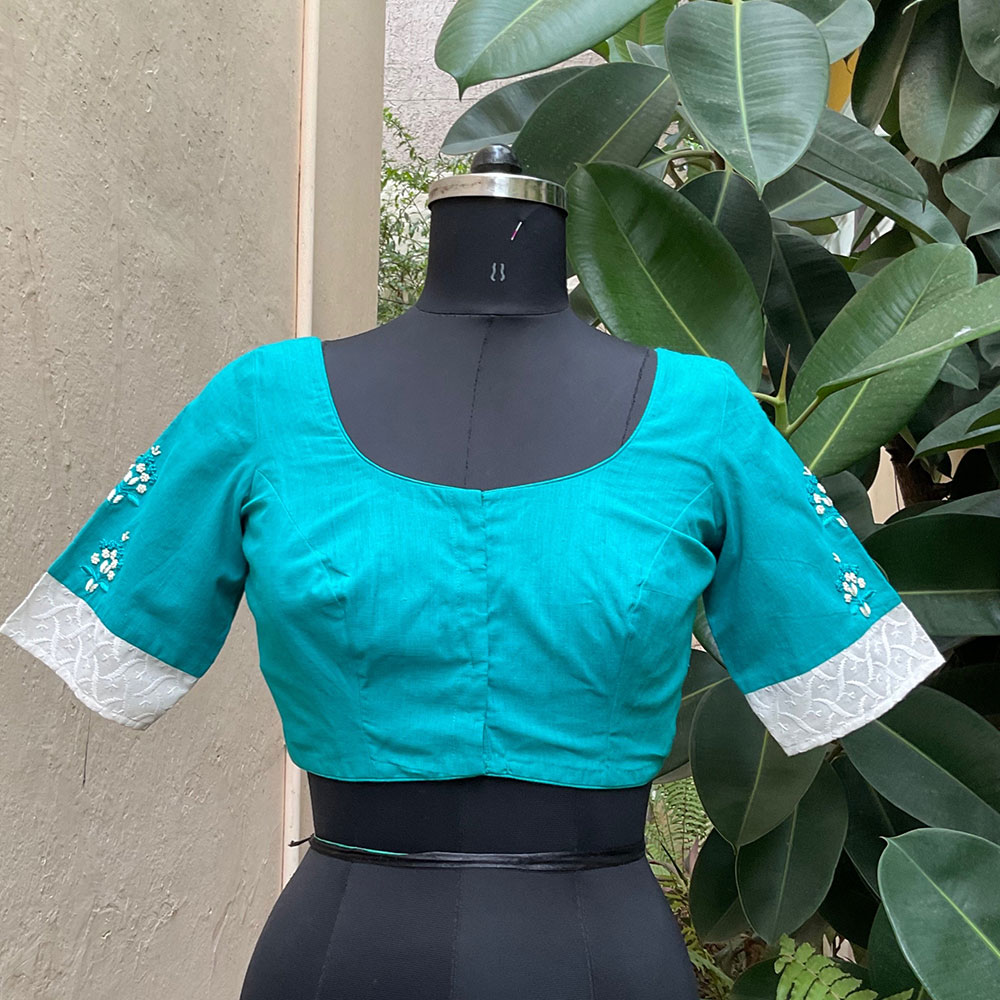 Turquoise Blue and Chikankari Embroidered Blouse - Image 2