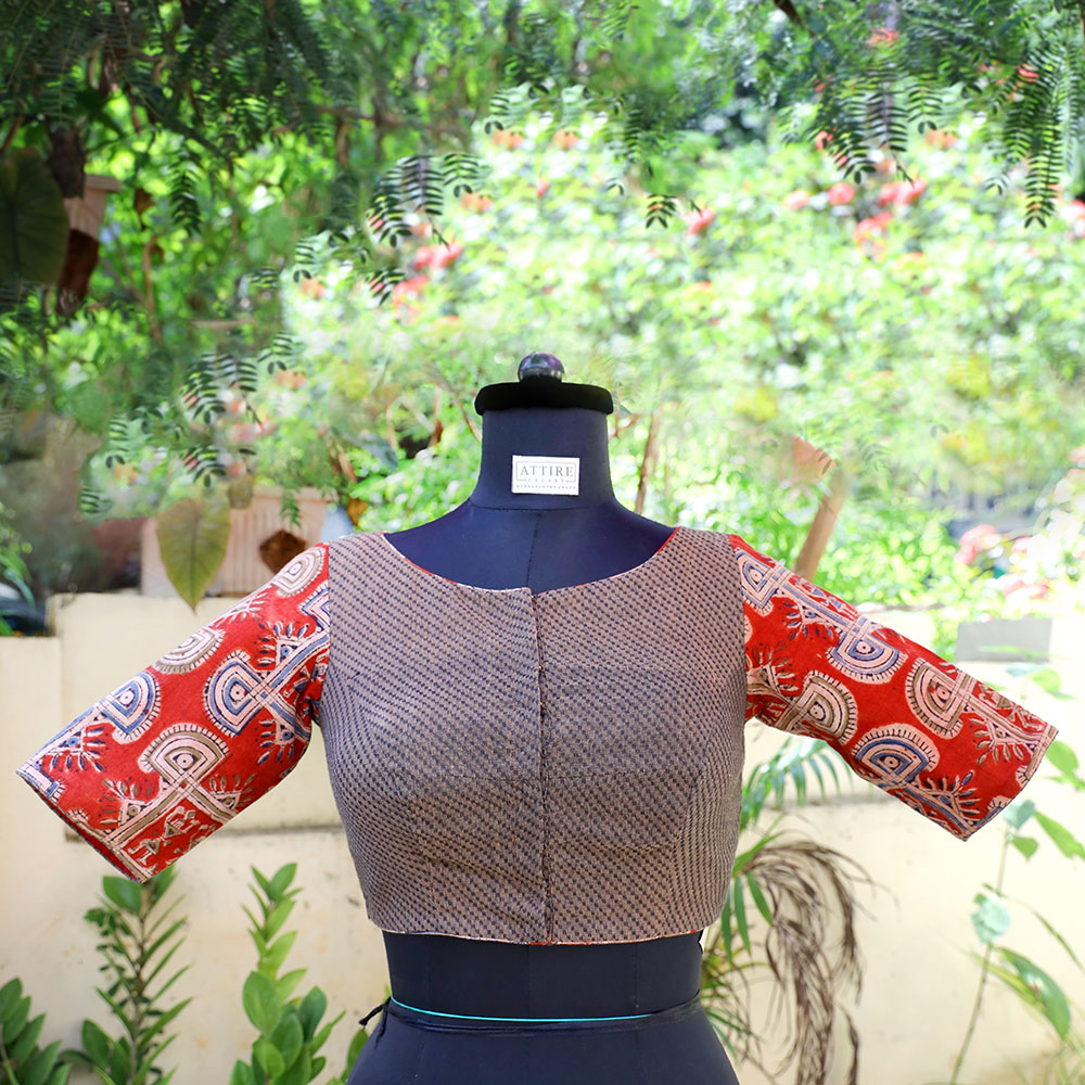 Brown Mangalgiri and Red Kalamkari Blouse - Image 2