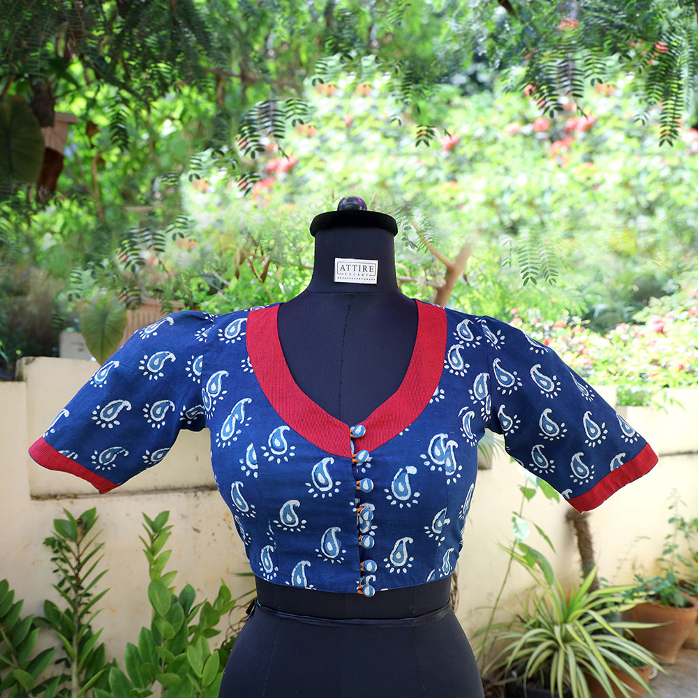 Indigo Block Printed High Neck Blouse