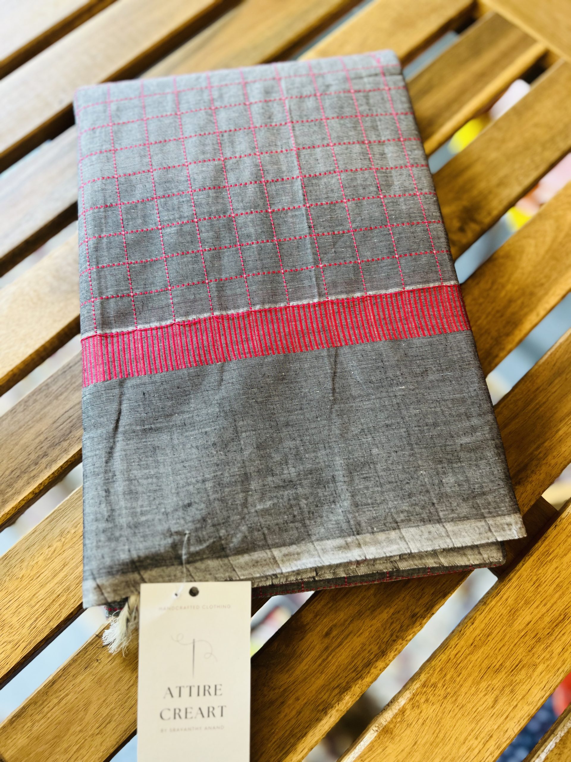 Pink and Grey Cotton Saree