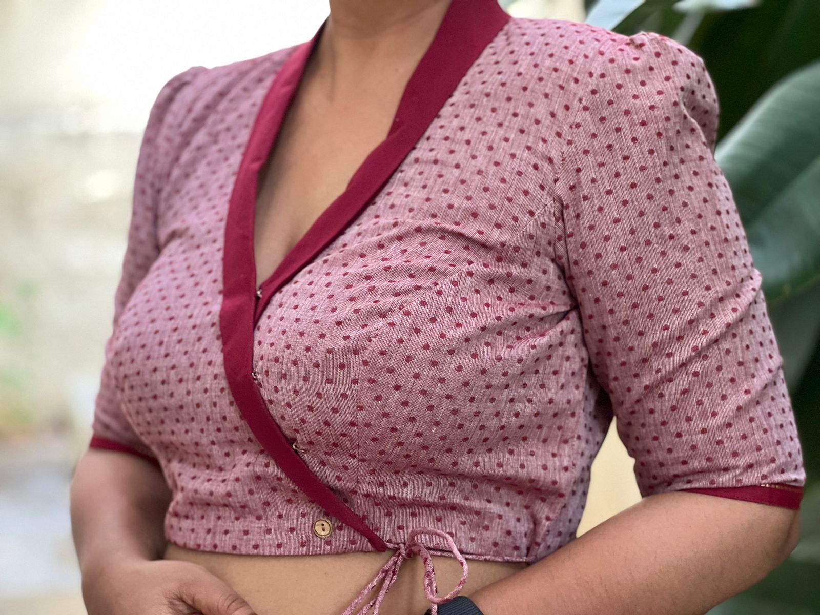 Criss cross V neck cotton blouse