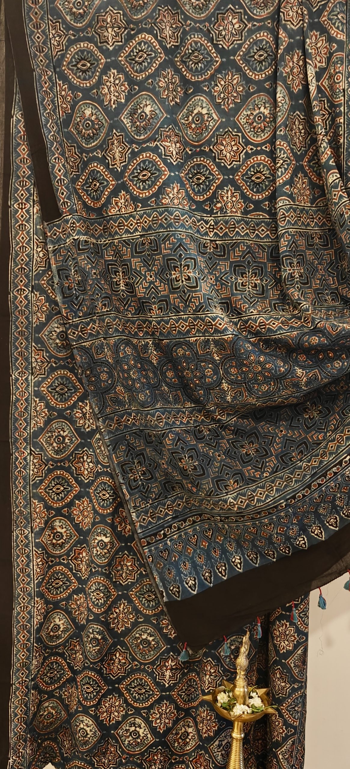 Indigo with Rust Handblock Printed Ajrakh Cotton Saree - Image 2