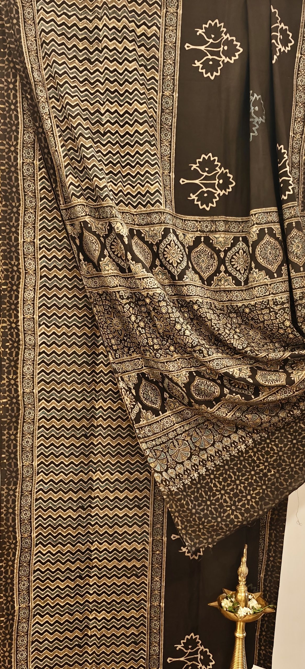 Black Indigo Beige Handblock Printed Ajrakh Cotton Saree - Image 2