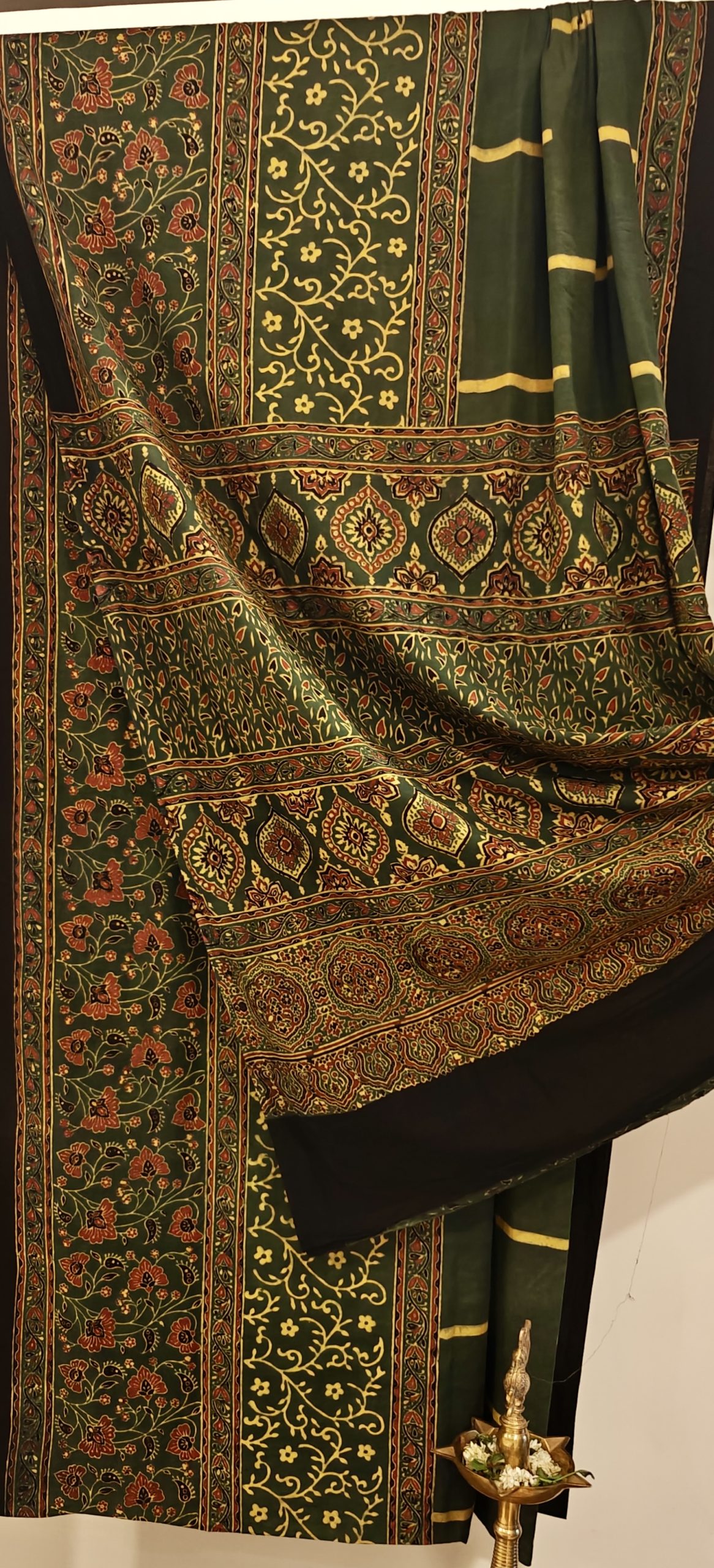 Sap Green Maroon Handblock Printed Ajrakh Cotton Saree