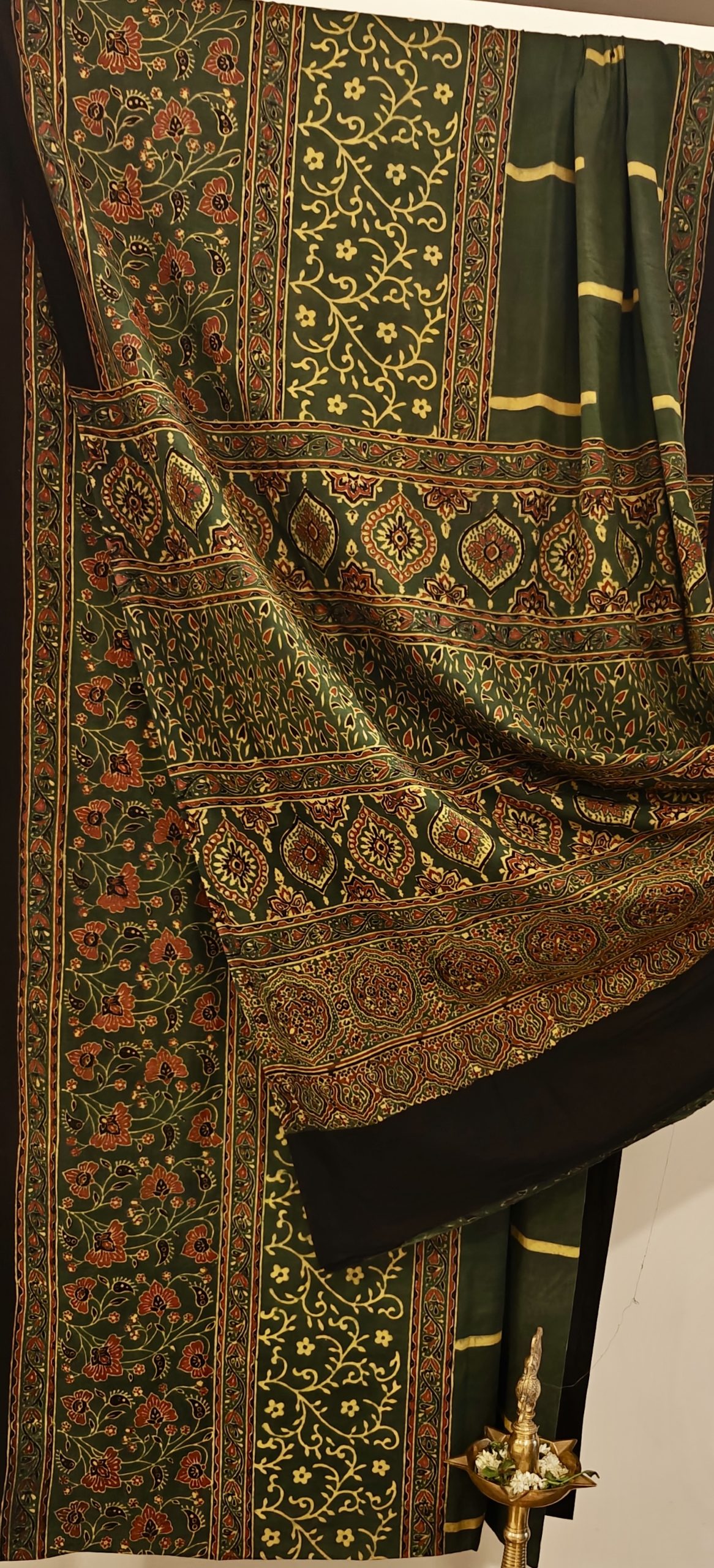 Sap Green Maroon Handblock Printed Ajrakh Cotton Saree - Image 2