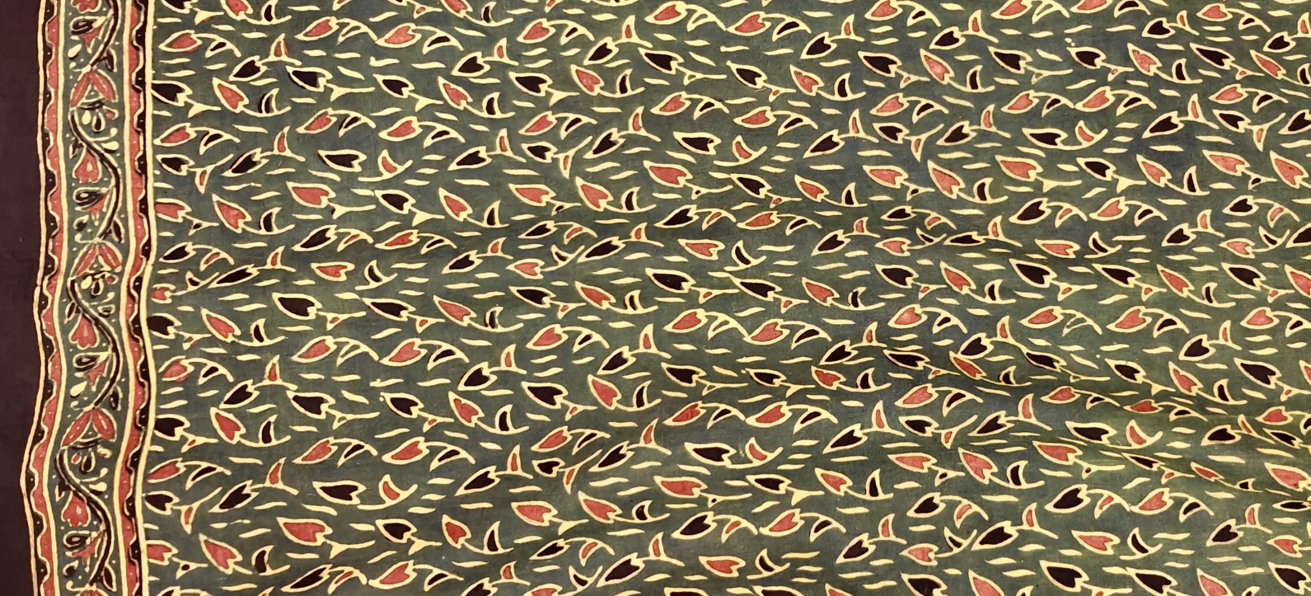 Sap Green Maroon Handblock Printed Ajrakh Cotton Saree - Image 3