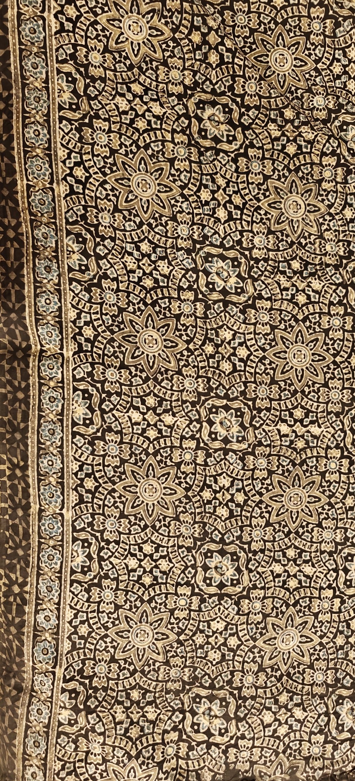 Black Indigo Beige Handblock Printed Ajrakh Cotton Saree - Image 3