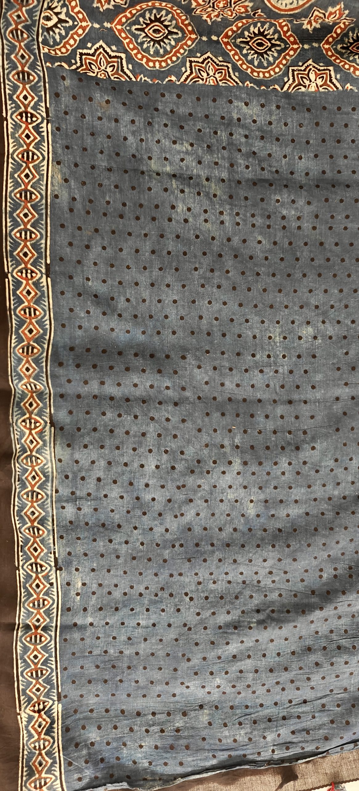 Indigo with Rust Handblock Printed Ajrakh Cotton Saree - Image 3