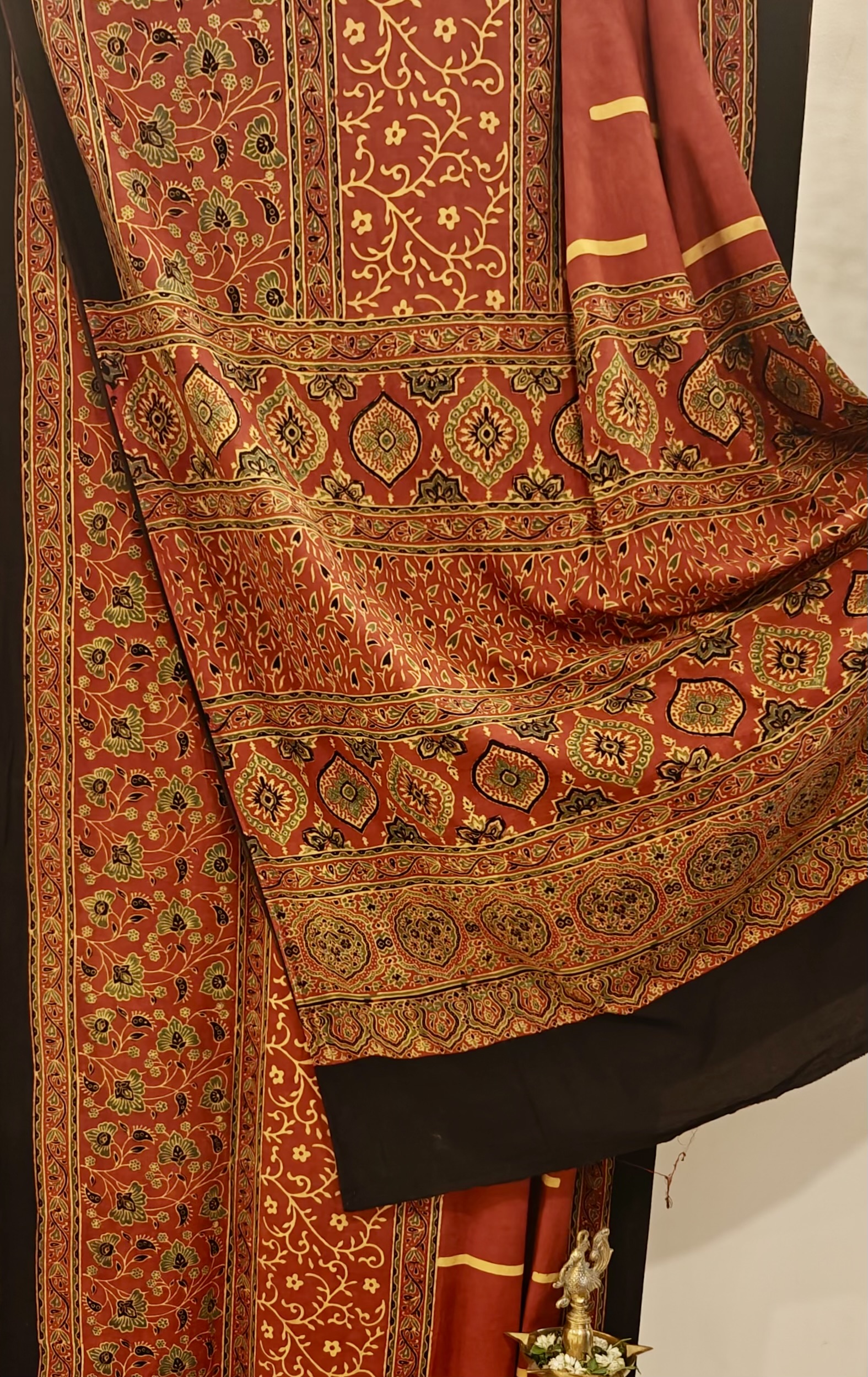 Red with Green Handblock Ajrakh Printed Cotton Saree - Image 2