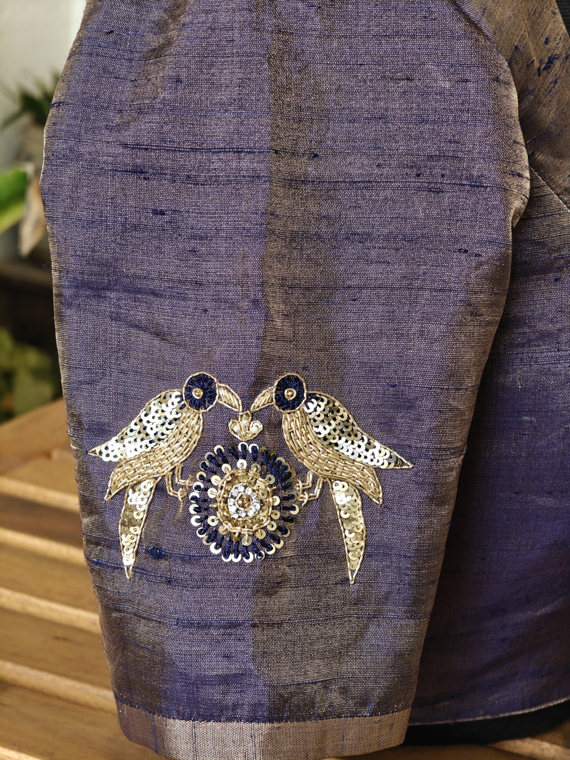 Hand Embroidered Zardozi work on Pure Raw Silk-Purple - Image 3
